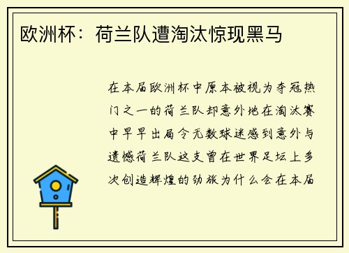 欧洲杯：荷兰队遭淘汰惊现黑马